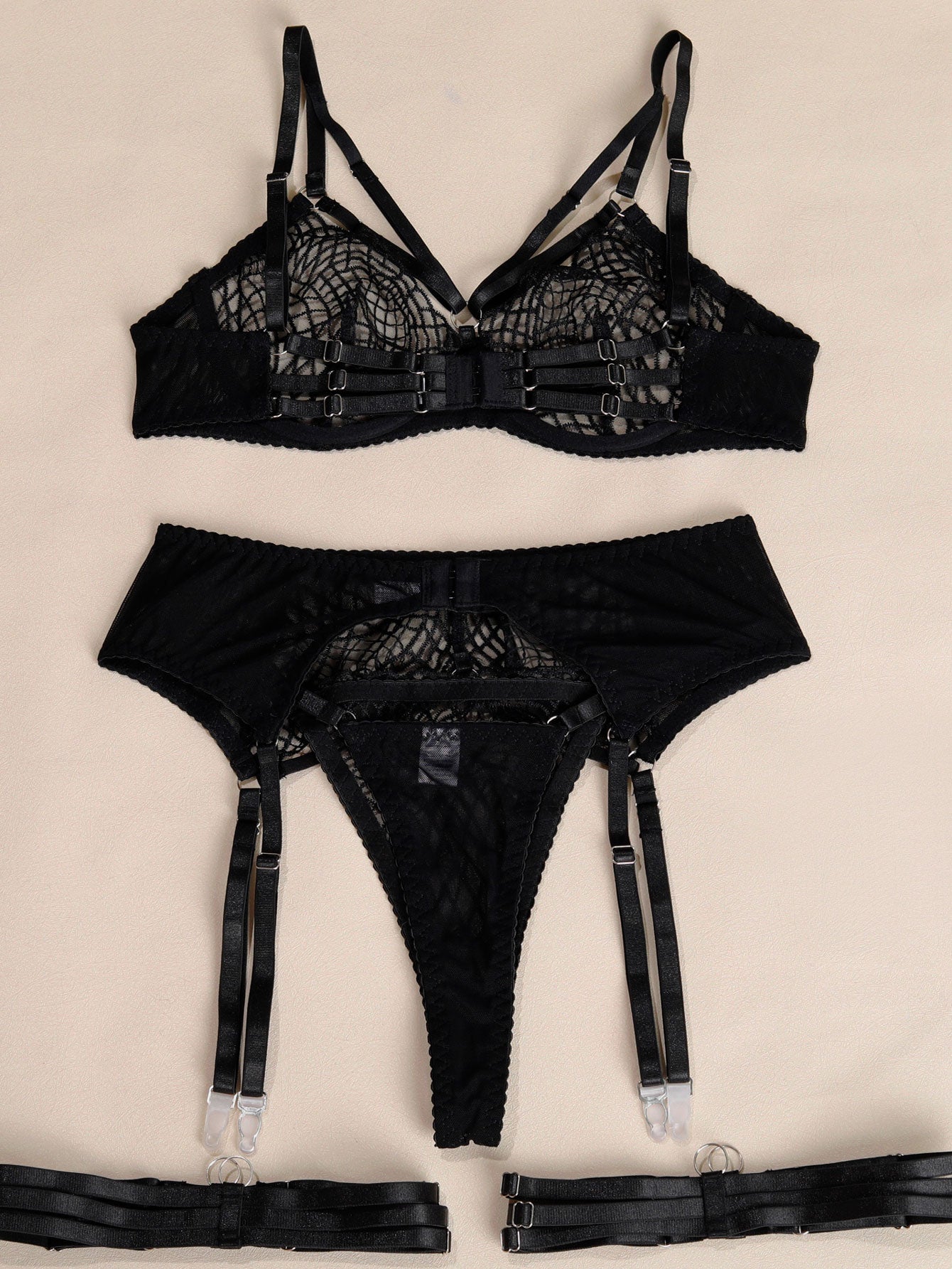 Garter Line Embroidered Mesh Bodycon Separate Set